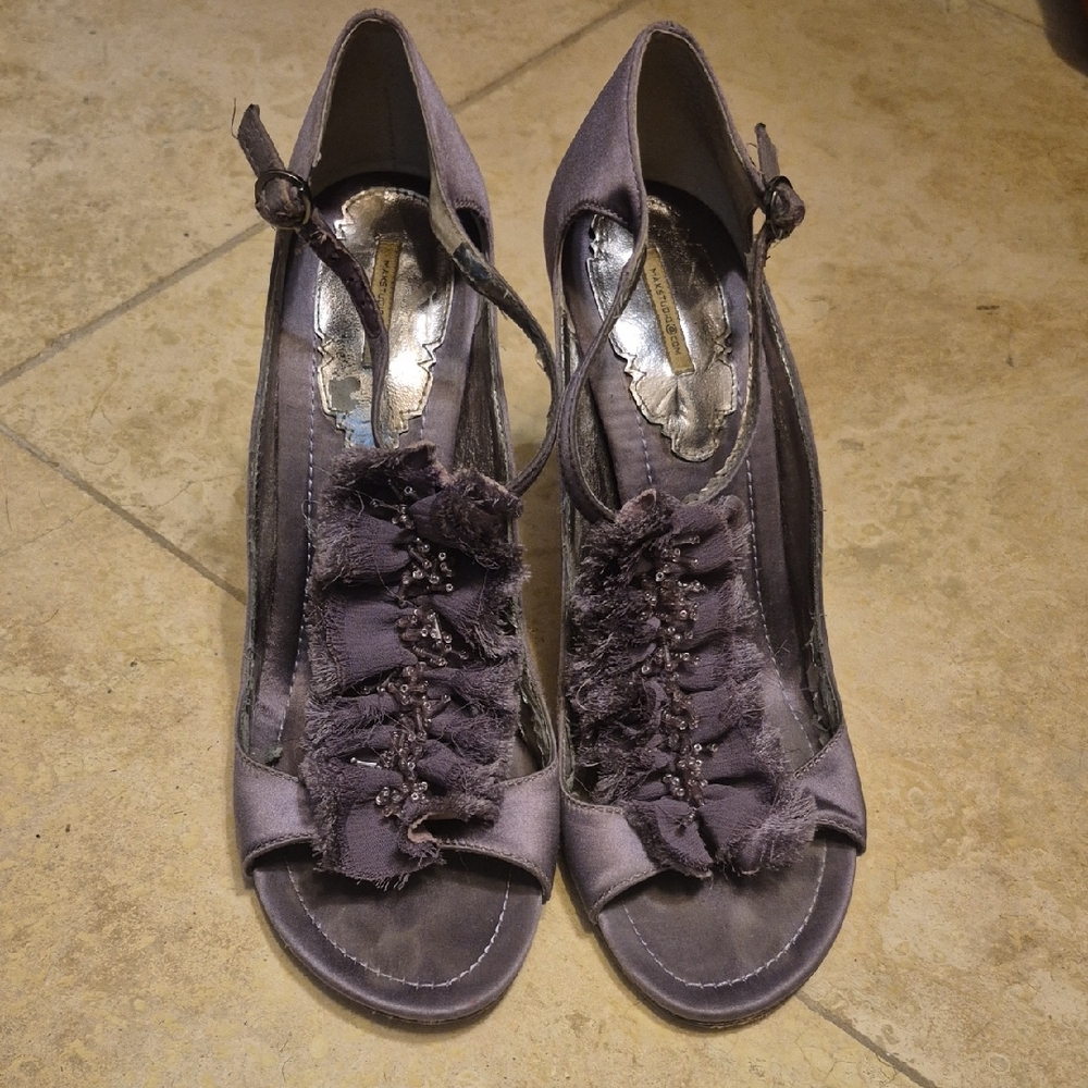 MAX STUDIO satin Beaded Chiffon Ankle Strap Heels 6.5 Dusty Lilsc Open Toe Shoes